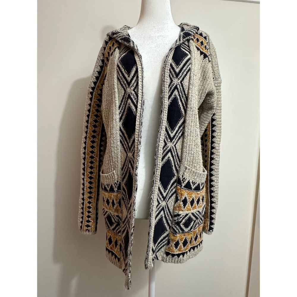 Lucky Brand Hooded Geometric Cardigan Sweater Navy Yellow Cream Womens Medium